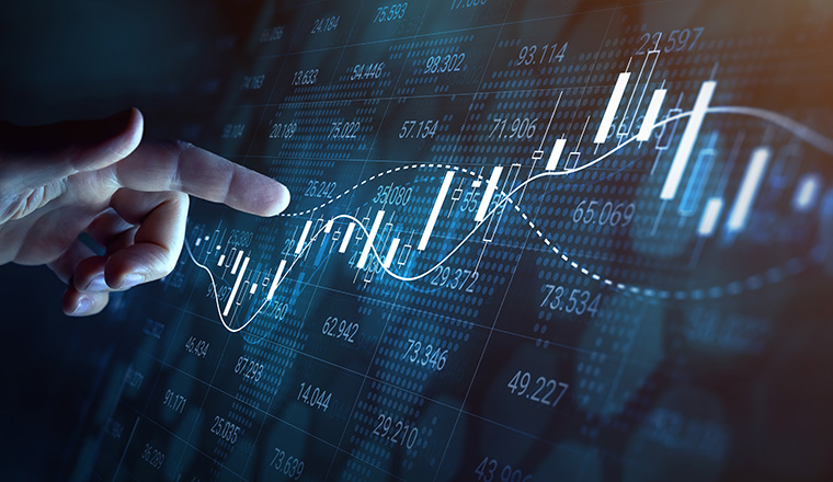 Stock market financial investment and trading graph interface showing ticker price evolution with candlestick chart and moving average curves. Increasing profit. Forex. Person touching virtual screen.