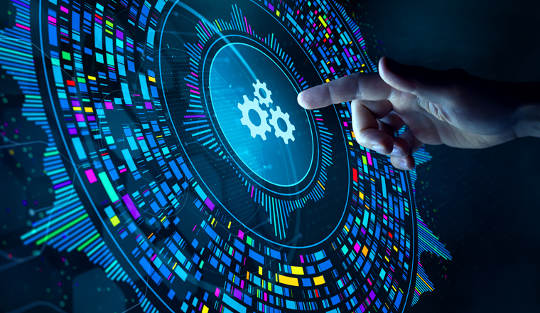 Big data technology and data science. Data scientist analysing and visualizing complex data set on virtual screen. Computing, genomics, artificial intelligence, machine learning, business analytics.