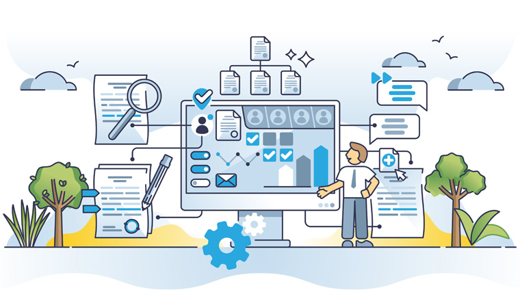 Contract management software with automatic digital deal tool outline concept. Computer system with AI technology for effective document administration, automation and digitization vector illustration