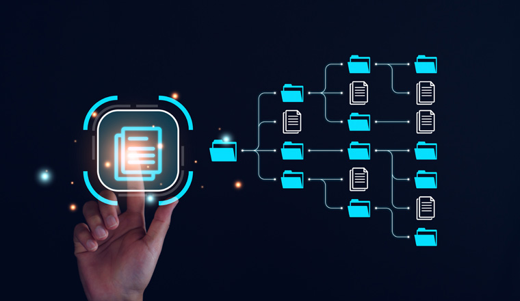 Document management system, DMS and business process system automation technology. Finger touching document icon on virtual screen. File storage data and archiving. ERP. software Folder structure.