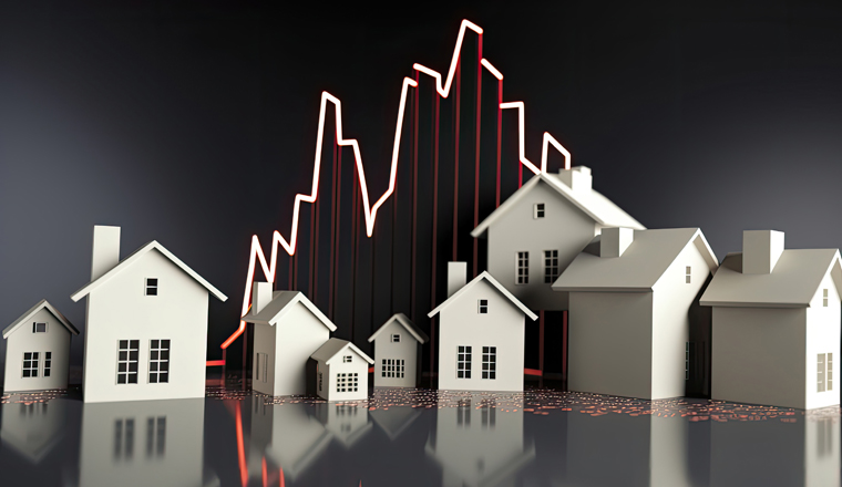 Crisis in real estate and property market. Falling property prices. Impact of inflation and recession on housing costs. Created with Generative AI