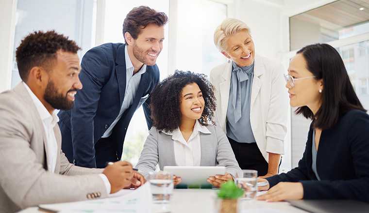 Diversity, conversation and happy business people listening to investment proposal, corporate innovation plan or idea. Attention, support and research team, management group or asian person talking.