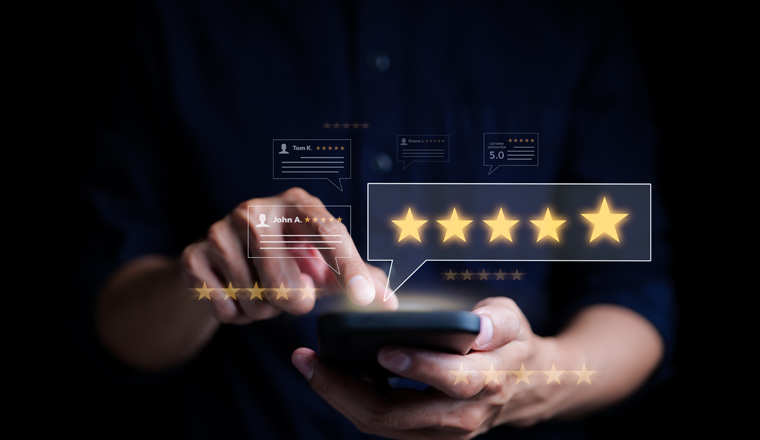 Customer review satisfaction feedback survey concept. User give rating to service excellent experience on mobile phone application, Client evaluate quality of service reputation ranking of business.