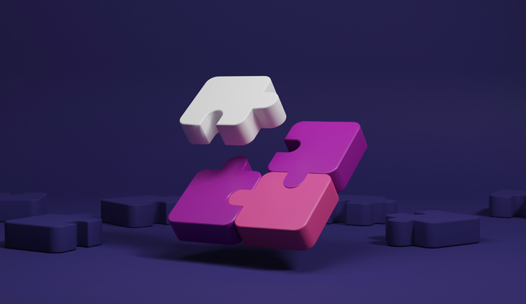 Jigsaw puzzle on purple background solution for business success teamwork Jigsaw puzzle connection to successfull. 3D render illustration.