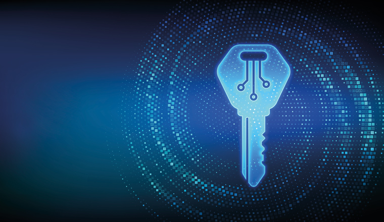 Digital key. Electronic key icon made with binary code. Cyber security and access background. Virtual tunnel warp made with digital code. Data Flow. Vector Illustration