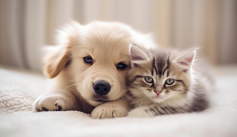 Adorable puppy and kitten lying together in a loving embrace, generative ai