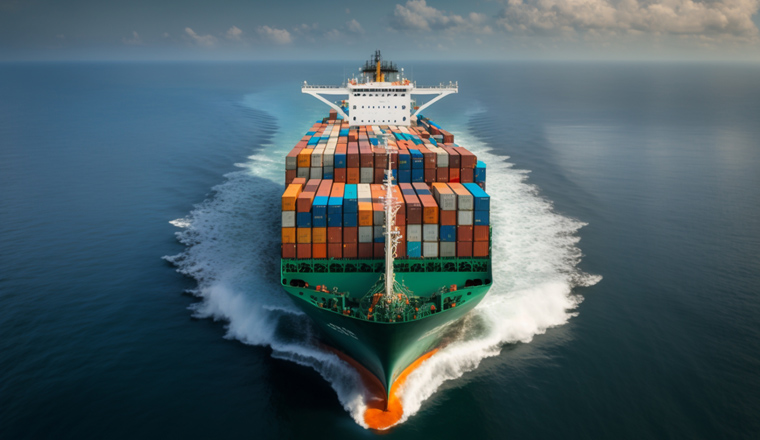 An aerial top view of a container ship in the vast ocean, serving as a vital link for global business logistics, freight shipping, import, export, and international trade. Generative AI.