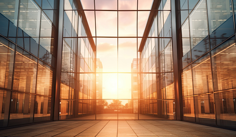 Panoramic skyline and buildings with many glass windows in sunset light. panorama pohoto, generative ai