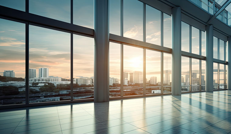 Panoramic skyline and buildings with many glass windows in sunset light. panorama pohoto, generative ai