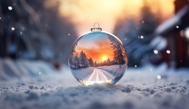 Empty christmas bauble over the winter, snowy background with copy space. Generative Ai