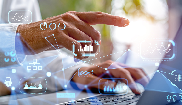 Businessman finger pointing at computer, double exposure glowing icons with big data research, chart and cybersecurity lock. Concept of business analysis and digital marketing