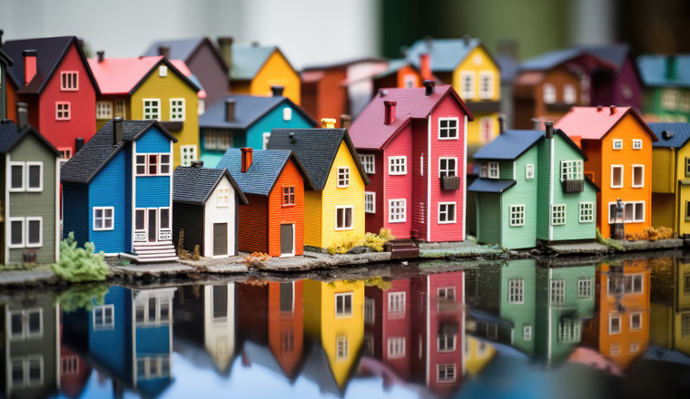 Toy village with many colored miniature houses - AI generated