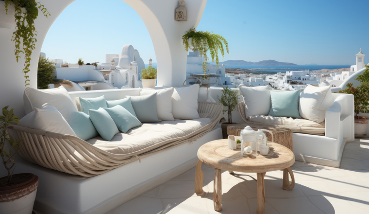 Close-Up of Luxurious lounge on a Traditional Greek Island Terrace with a Stunning Sea View