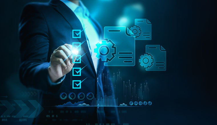 Project manager check milestone progress and plan with the chart scheduling interface for the company on a virtual screen. Business Project Management System.