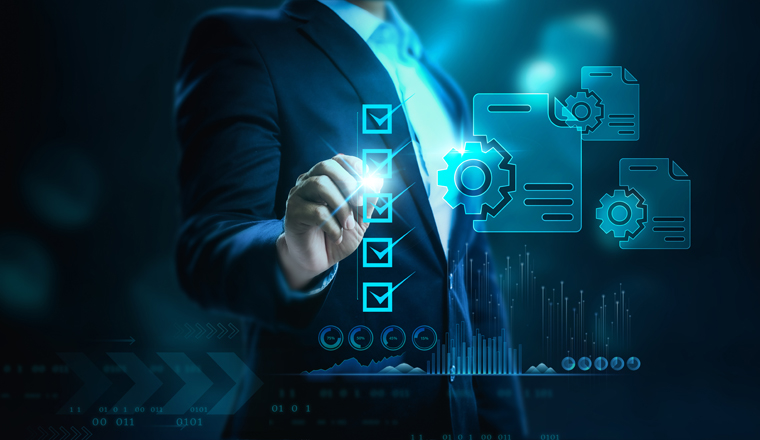 Project manager check milestone progress and plan with the chart scheduling interface for the company on a virtual screen. Business Project Management System.
