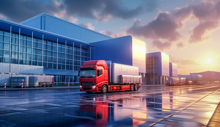 Logistics center - industrial halls, loading of goods into trucks. Sunrise with amazing light. Generative ai.