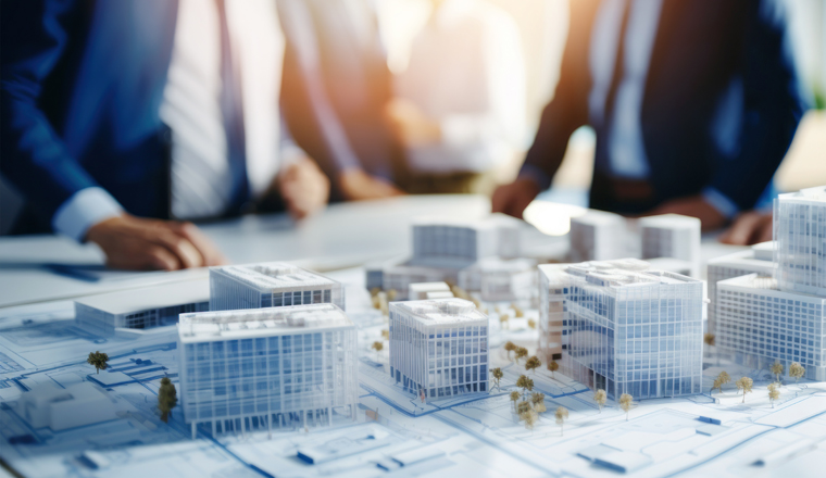 real estate developer, architect and businessmen team working on new modern business park project. complex buildings scale model on table in office. generative AI