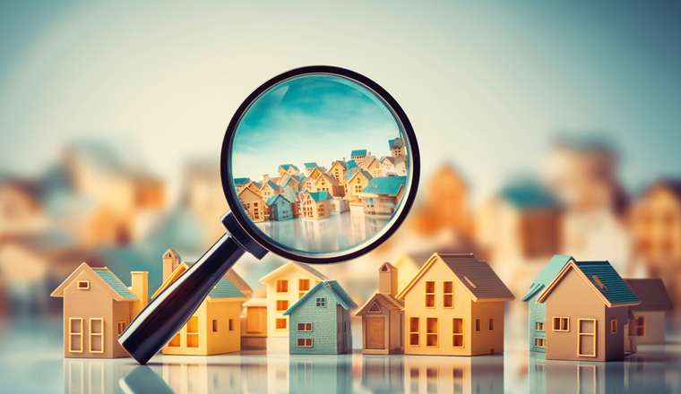 magnifying glass and a house on the background of the city. real estate agent concept. Generative AI illustrator