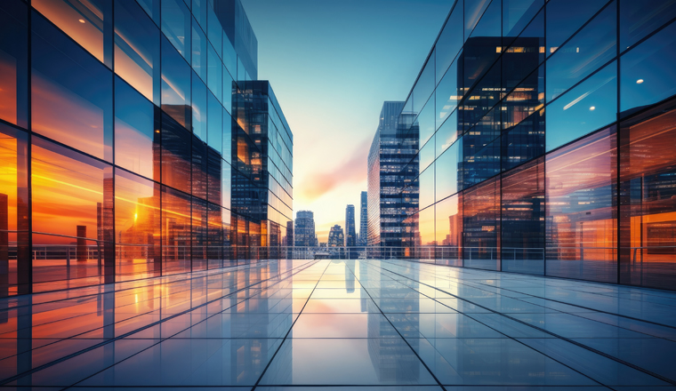 captivating image of a modern office building with a sleek glass facade that epitomizes contemporary architecture.