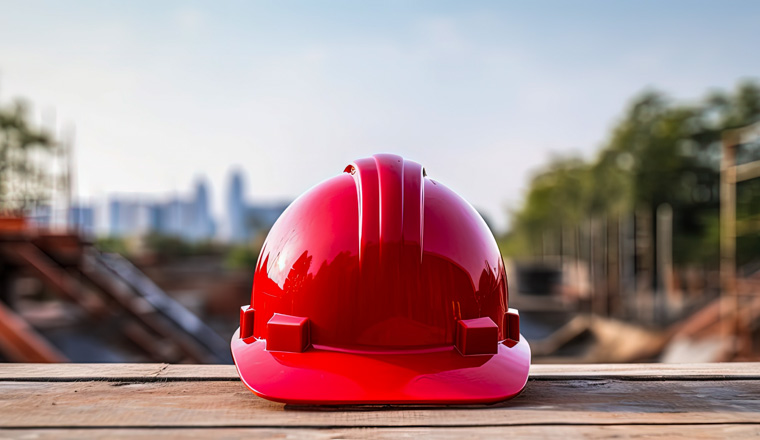 Red hardhat placed at construction site Safety equipment with copyspace for text