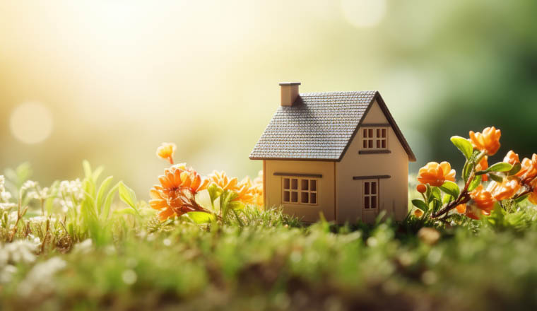 Spring background with a tiny toy house symbolizing family mortgage construction rental and property concepts Eco friendly home design template with space for copy