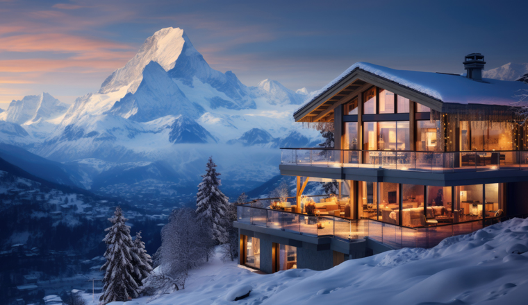 A villa stands on a mountain in winter. In the background you can see a snow-capped mountain.