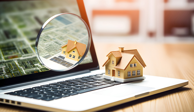  3D model house on a laptop keyboard with a magnifying glass on the screen, symbolizing in-depth research and exploration of real estate and housing options