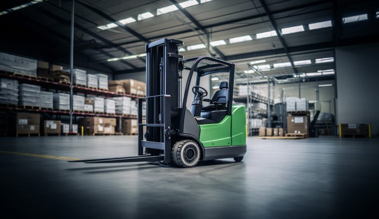 Side view of green forklift in warehouse, industrial machine on shiny floor. Efficiency concept. Generative AI