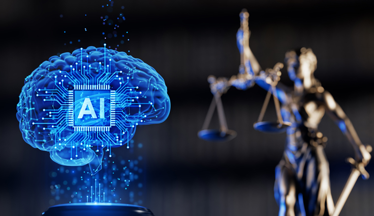AI Regulation and Justice. Legal and Technology concept. Hologram of the Brain and Statue of Goddess Themis: Symbols of Law, Equality, Legislation and artificial intelligence.