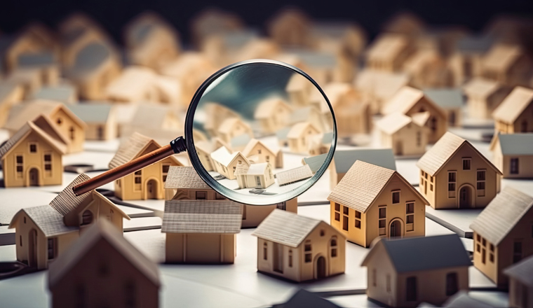 buy new home. Searching new house for purchase. Rental housing market. Magnifying glass near residential building