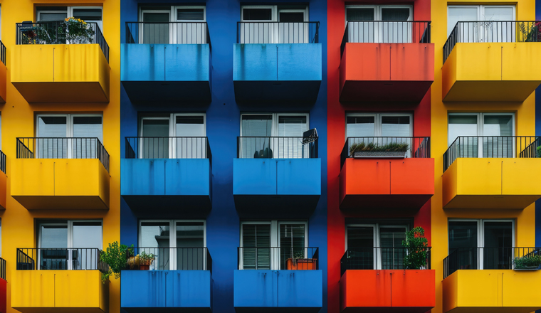 A vibrant, multicolored building with numerous balconies stands tall in a bustling urban environment, An apartment complex in the city with colorful, symmetrical balconies, AI Generated