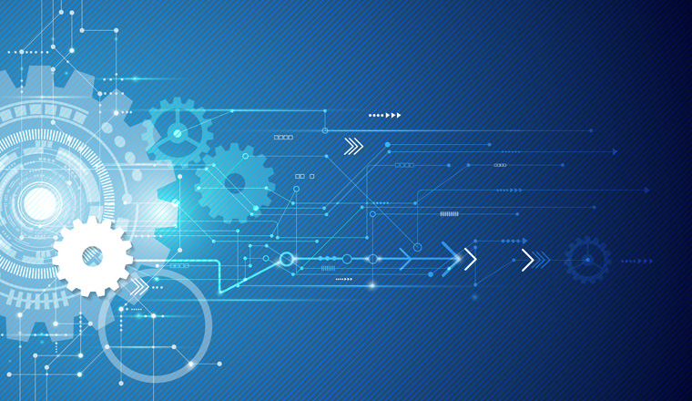 Vector illustration white gear wheel on circuit board, Hi-tech digital technology and engineering, digital telecoms technology concept, Abstract futuristic- technology on blue color background