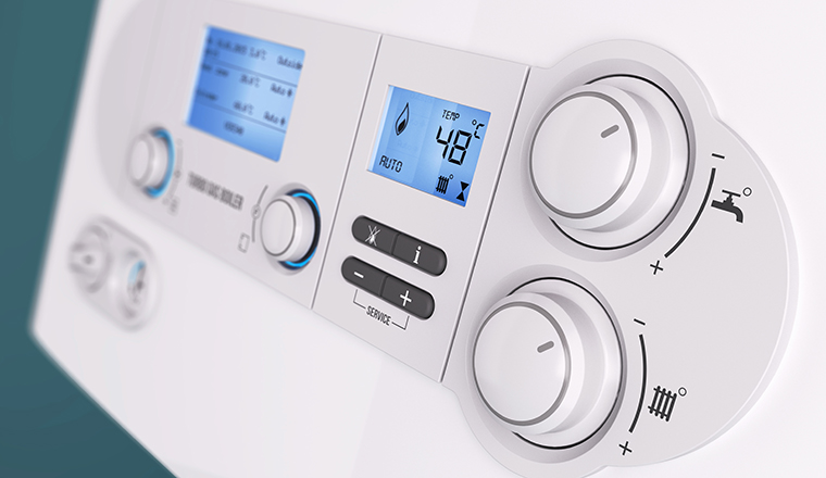 Smart control panel household gas boiler closeup 3d