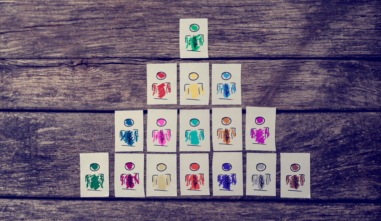 Leadership, human resources and team management concept with a series of hand-drawn cards depicting people structured into a pyramid over rustic wooden boards.