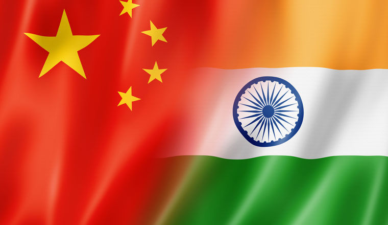 Mixed China and India flag, three dimensional render, illustration