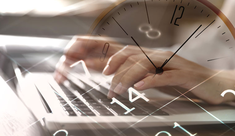 Multiple exposure of woman working on laptop, calendar and clock