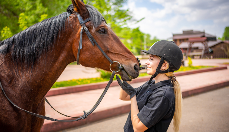 Lovely young woman wearing helmet stroking to her brown horse. High quality photo