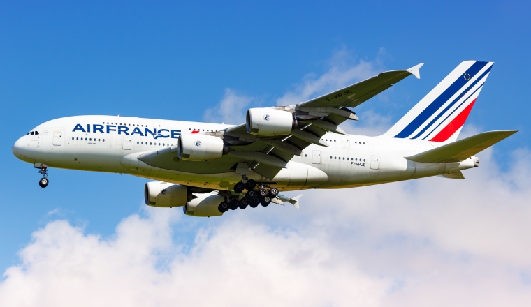 Paris, France - August 17, 2018: Air France Airbus A380 airplane at Paris Charles de Gaulle airport in France.