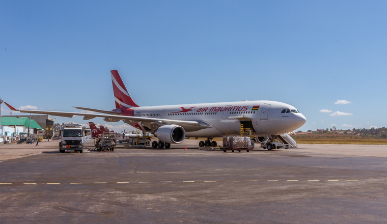 An Air Mauritius Aibus A330-200 refueling on the runway at Antananarivo airport in Madagascar on April 30, 2019