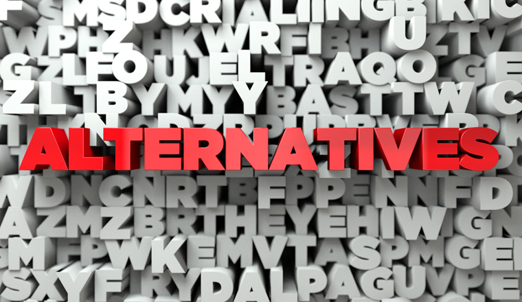 ALTERNATIVES -  Red text on typography background - 3D rendered royalty free stock image. This image can be used for an online website banner ad or a print postcard.