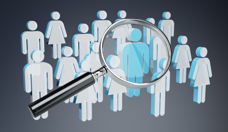 Magnifying glass recruiting people illustration on grey background 3D rendering