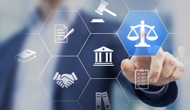 Legal advice service concept with lawyer working for justice, law, business legislation, and paperwork expert consulting, icons with person in background