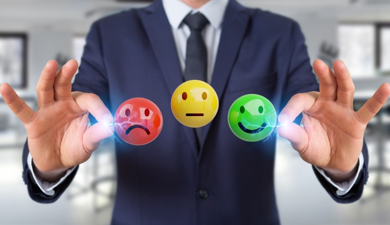 Businessman on blurred background using customer satisfaction rating 3D rendering