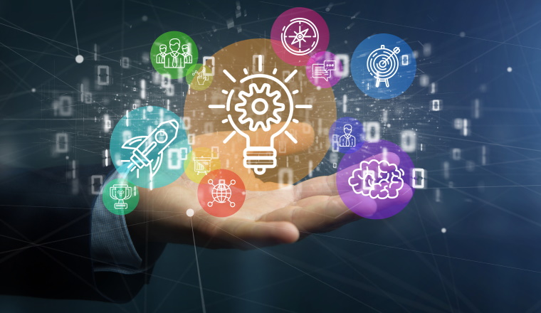 View of a Cloud of colorfull start up icon bubble with data Businessman holding a binary 3d rendering
