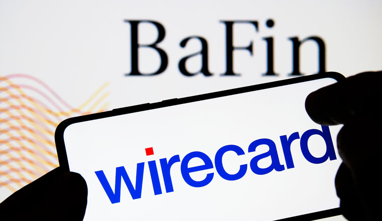 Stone / England - June 29 2020: Wirecard logo on smartphone and BaFin (Federal Financial Supervisory Authority) logo on the blurred background. Not a montage.