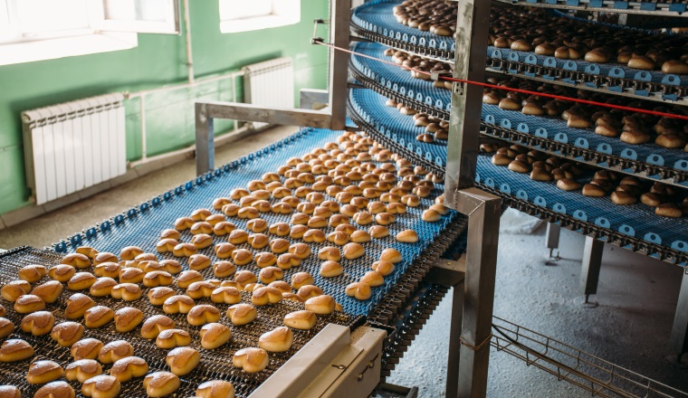 Automatic bakery production line with sweet cookies on conveyor belt equipment machinery in confectionary factory workshop, industrial food production