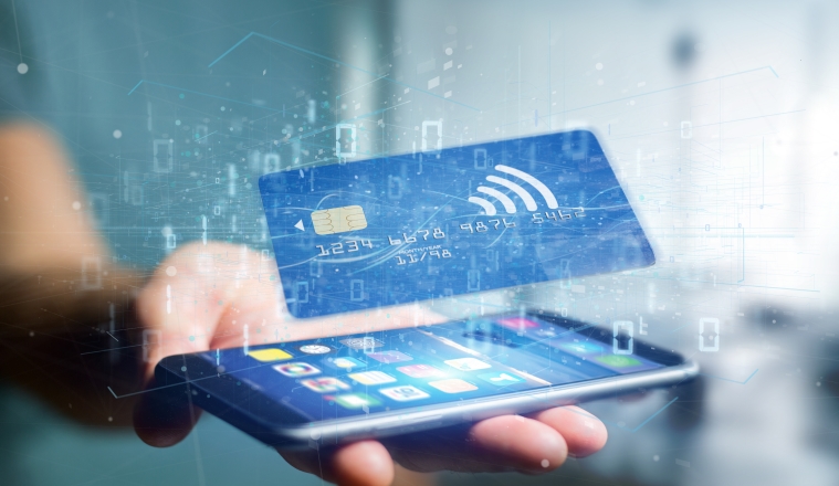 View of a Man holding a contactless credit card payment concept 3d rendering