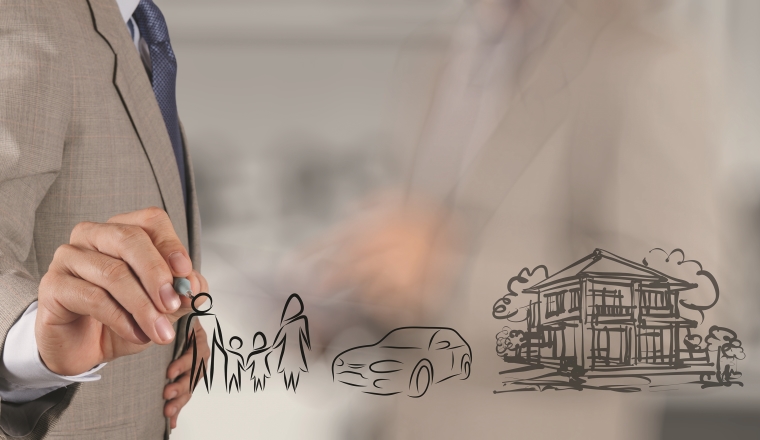 businessman hand show planning family future on screen background as concept