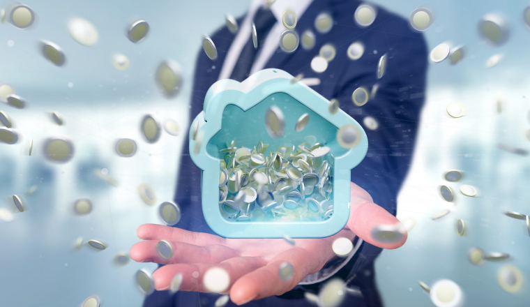 View of a Man holding a House moneybox with coin surrounding all over 3d rendering