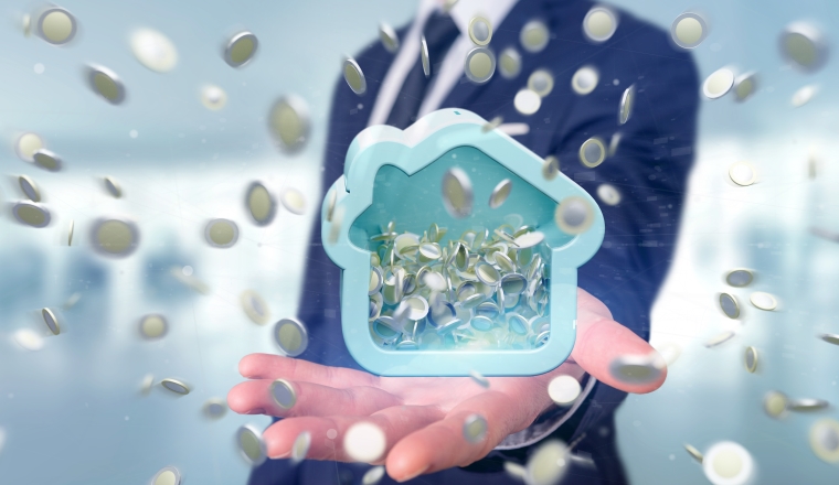 View of a Man holding a House moneybox with coin surrounding all over 3d rendering